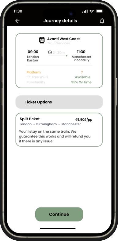 TravelXpress final mockup — Journey Details / Ticket Selection