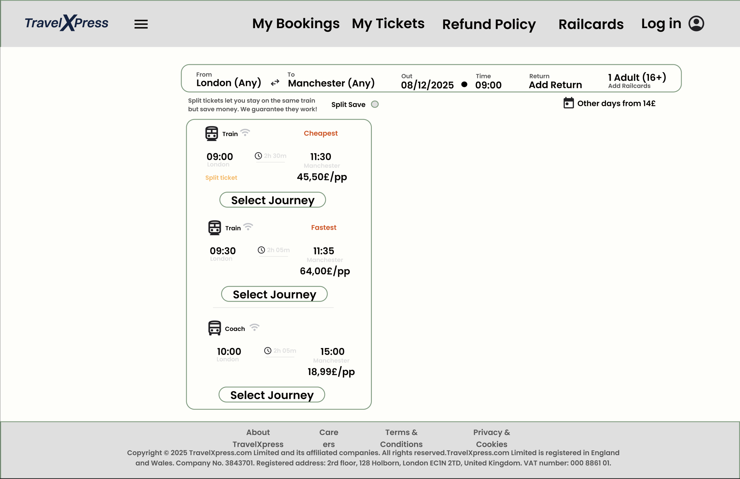 TravelXpress final mockup — desktop results page