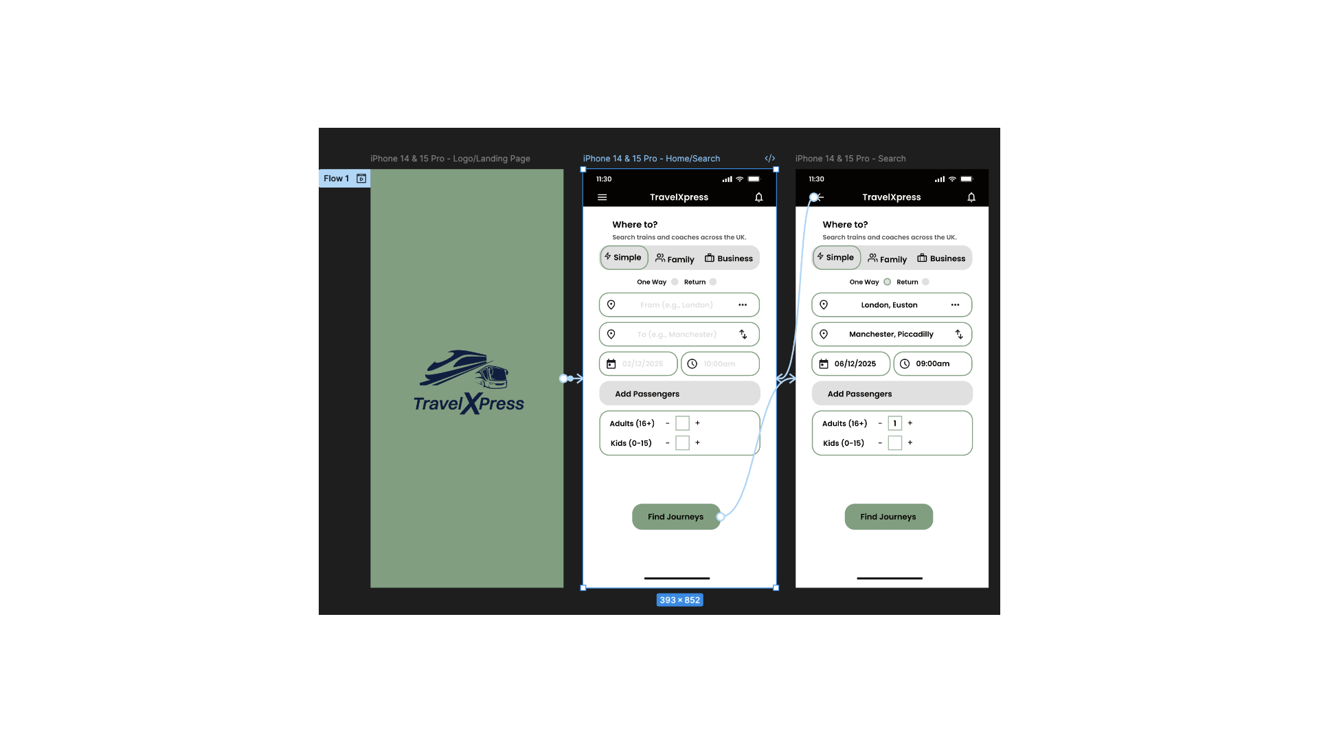 Mobile prototype flow — logo, home and search